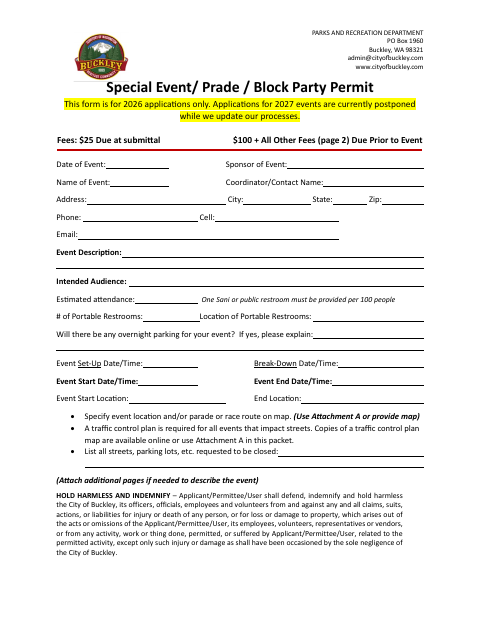 First page of the Special Event Permit