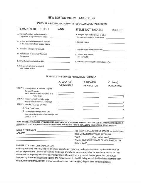 First page of the Business Income Tax Schedule X and Schedule Y