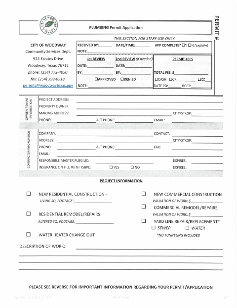 First page of the Plumbing Permit Application