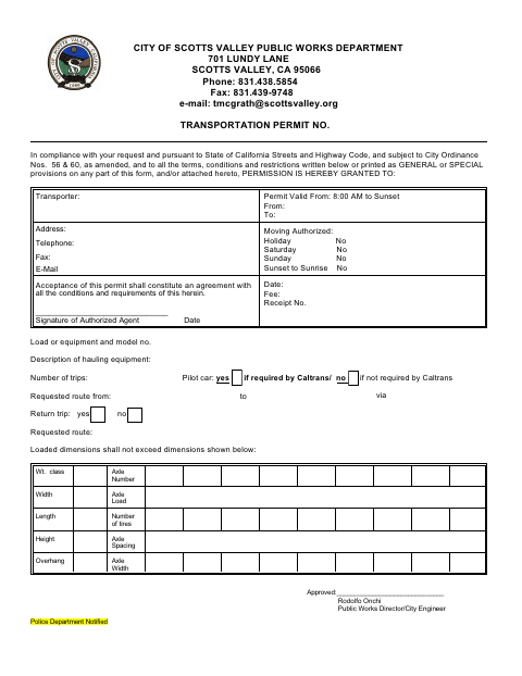 First page of the Transportation Permit Application