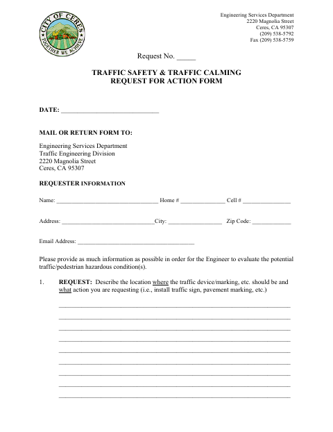 First page of the Traffic Safety and Traffic Calming Request for Action Form