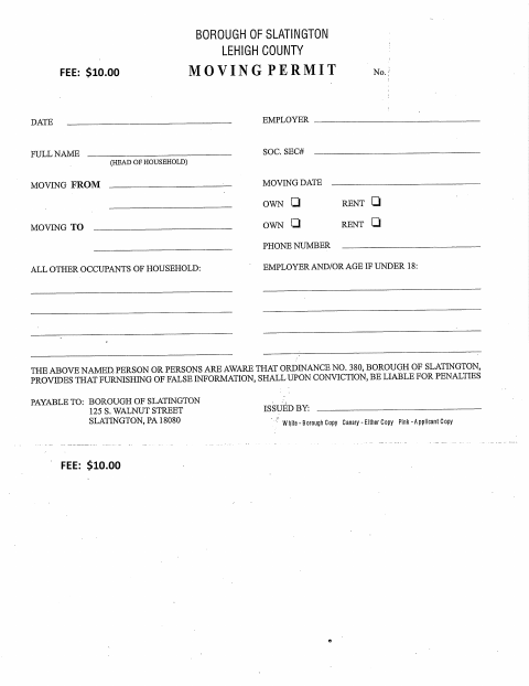 First page of the Moving Permit