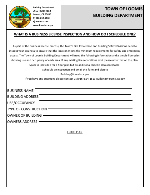 First page of the Business License Inspection Form
