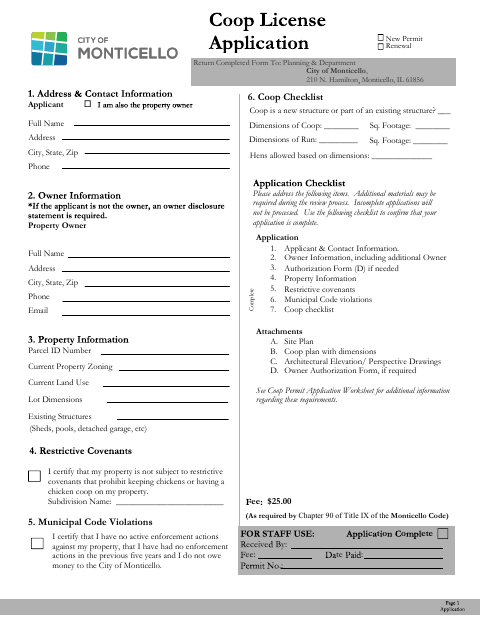 First page of the Chicken Coop License Application
