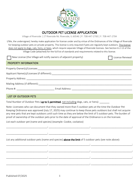 First page of the Outdoor Pet License Application