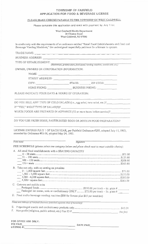 First page of the Food and Beverage License Application