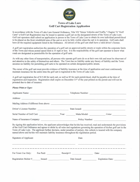 First page of the Golf Cart Registration Application