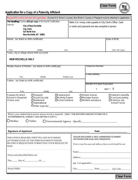 First page of the Application for a Copy of a Paternity Affidavit