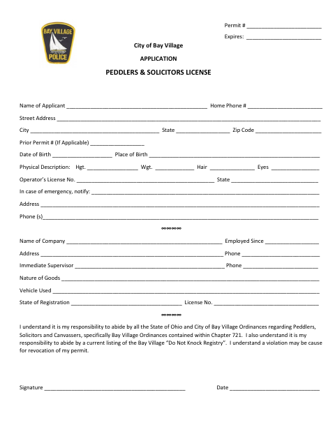 First page of the Peddlers and Solicitors License Application