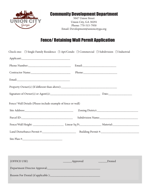 First page of the Fence/Retaining Wall Permit Application
