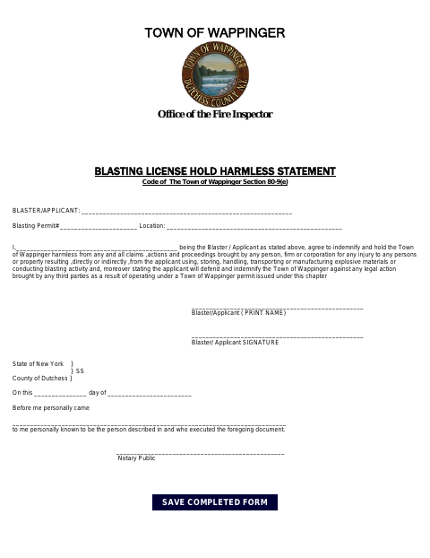 First page of the Blasting License Hold Harmless Statement