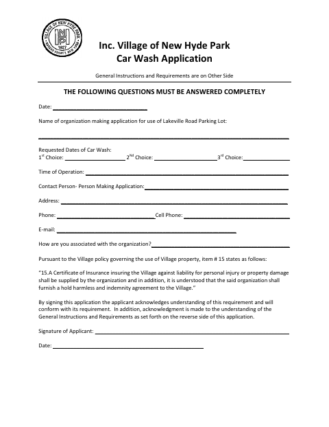 First page of the Car Wash Application