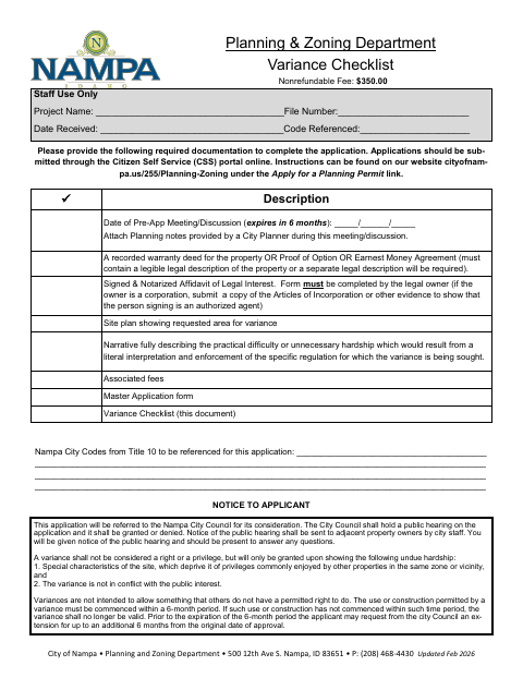 First page of the Variance Checklist