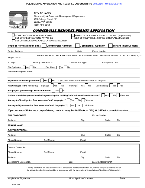 First page of the Commercial Remodel or Addition Application