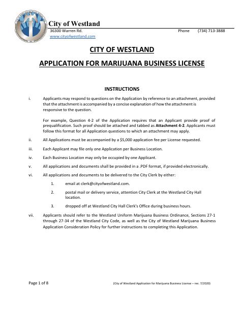 First page of the Marijuana Business License Application