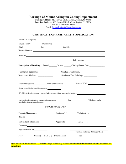 First page of the Certificate of Habitability Application