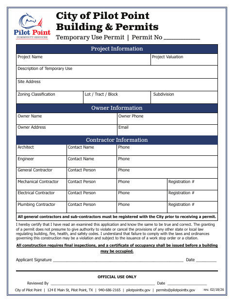 First page of the Temporary Use Permit