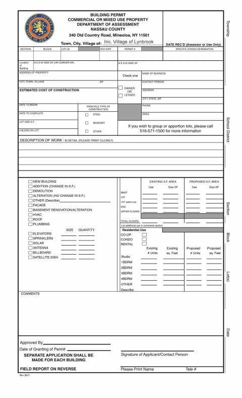First page of the Commercial Building Permit Application