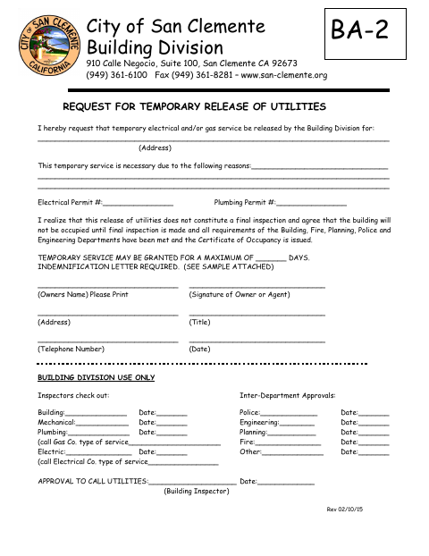 First page of the Request for Temporary Release of Utilities