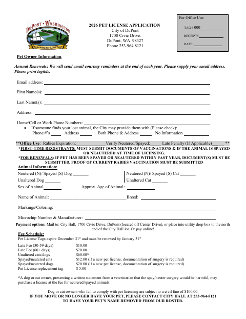 First page of the 2026 Pet License Application