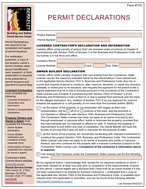 First page of the Licensed Contractor, Owner-Builder, and Worker's Compensation Declarations