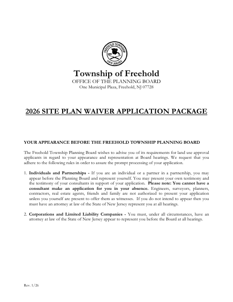 First page of the Site Plan Waiver Application Package
