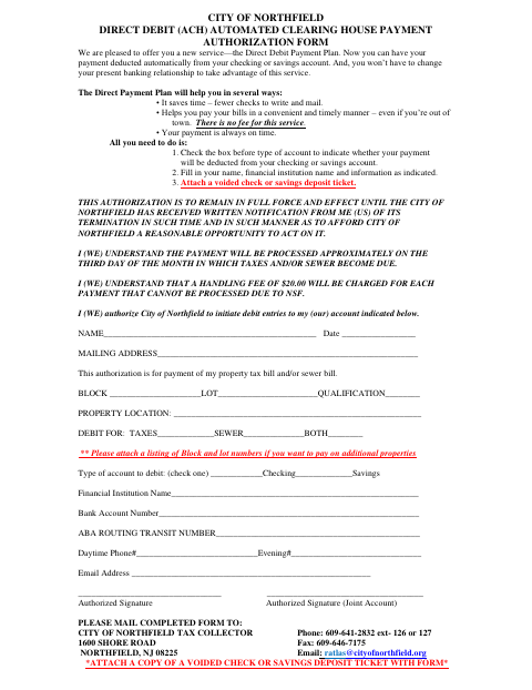First page of the Direct Debit (ACH) Payment Authorization Form