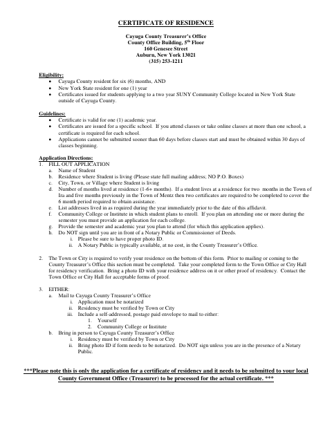 First page of the Certificate Of Residence Application