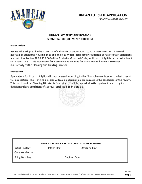 First page of the Urban Lot Split Application