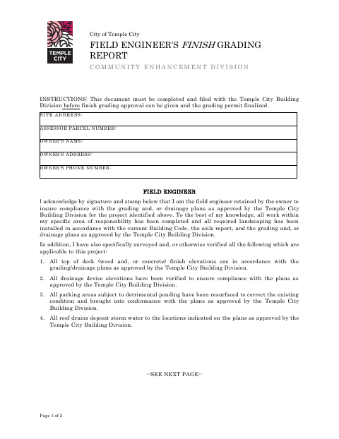 First page of the Field Engineer’s Finish Grading Report