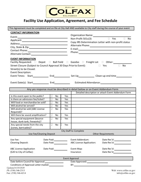 First page of the Facility Use Application and Agreement