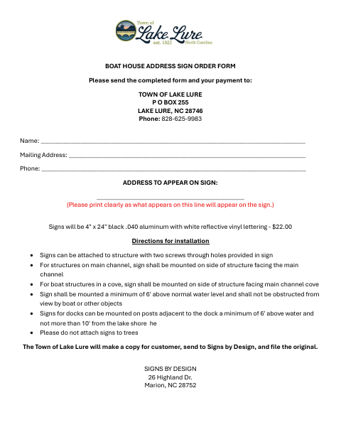 First page of the Boat House Address Sign Order Form