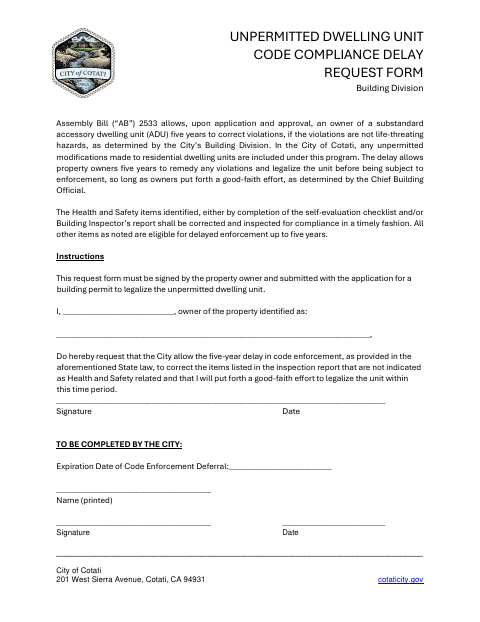 First page of the Unpermitted Dwelling Unit Code Compliance Delay Request Form
