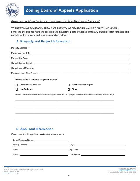 First page of the Zoning Board of Appeals Application