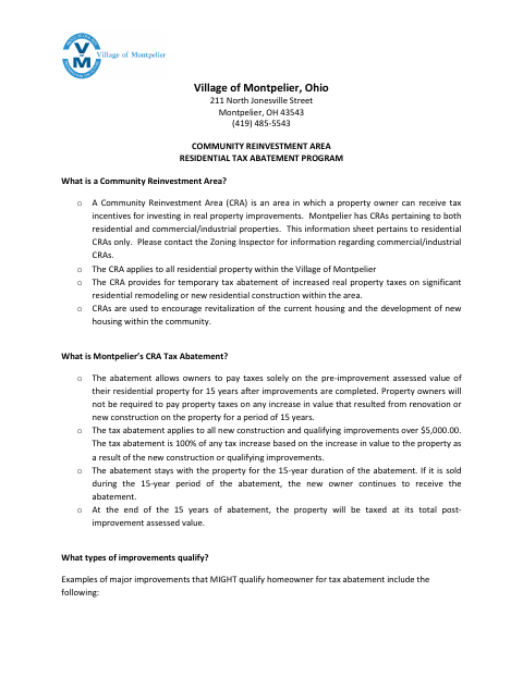 First page of the Community Reinvestment Area Residential Tax Abatement Application