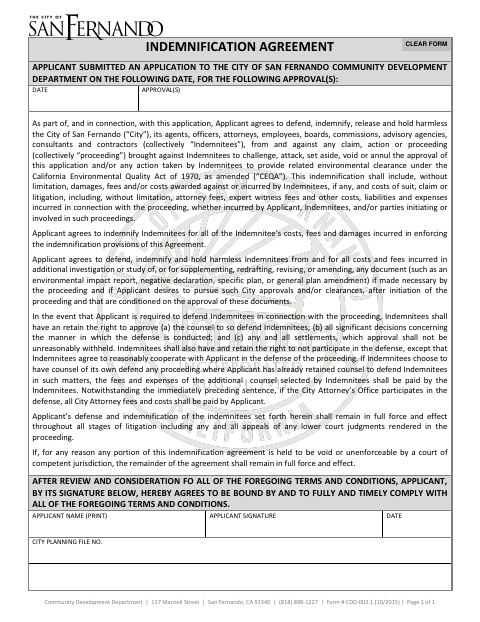 First page of the Indemnification Agreement