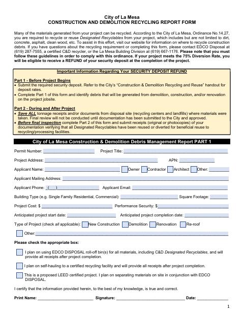 First page of the Construction and Demolition Recycling Report Form