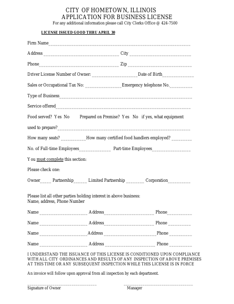 First page of the Business License Application