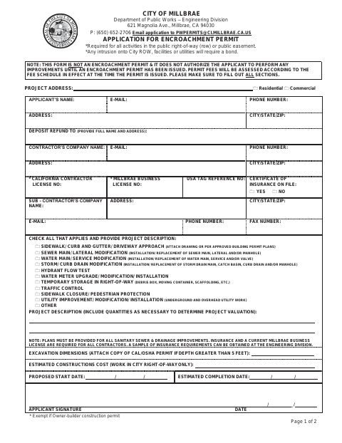 First page of the Application for Encroachment Permit