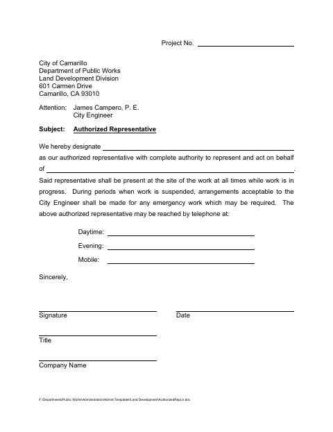 First page of the Authorized Representative Letter