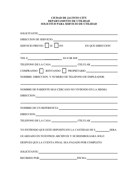 First page of the Utility Service Application