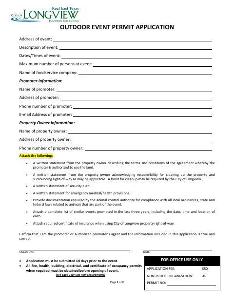 First page of the Outdoor Event Permit Application