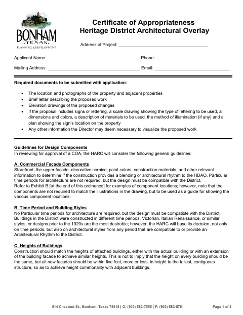 First page of the Certificate of Appropriateness