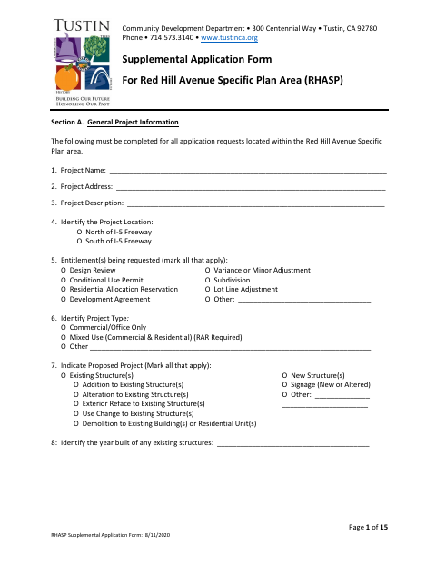 First page of the Red Hill Avenue Specific Plan Supplemental Application