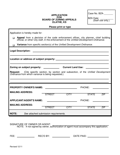 First page of the Board of Zoning Appeals Application