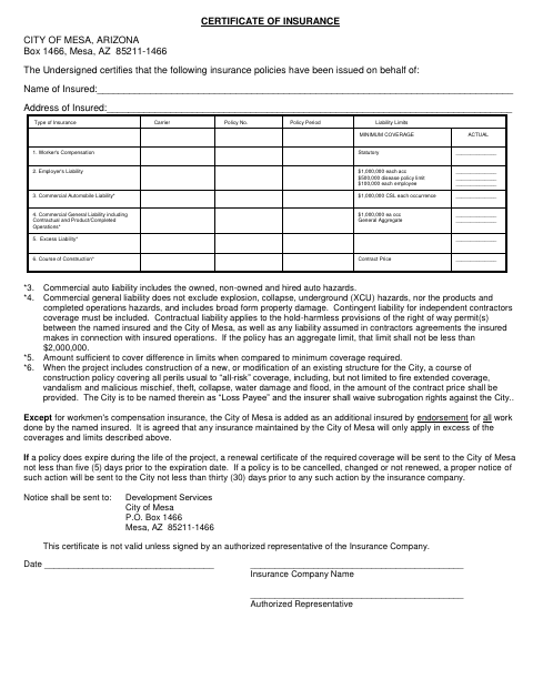 First page of the Certificate of Insurance