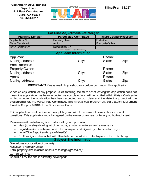 First page of the Lot Line Adjustment/Lot Merger (Property Owner's Affidavit)