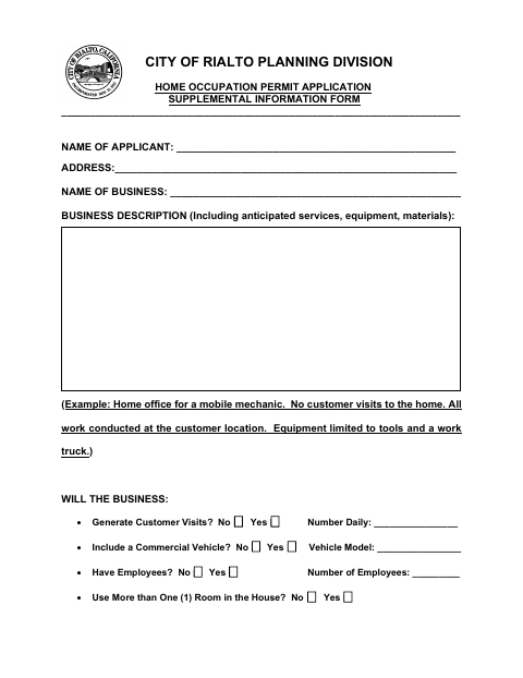 First page of the Home Occupation Permit Application Supplemental Information Form