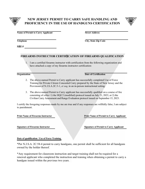 First page of the New Jersey Permit to Carry Safe Handling and Proficiency in the Use of Handguns Certification