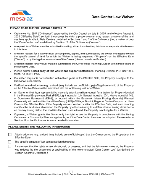 First page of the Data Center Law Waiver